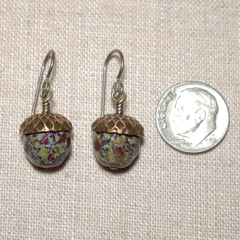Hand Crafted Handmade Earrings Red & Olive Czech Glass Bead & Copper Aco… - Picture 3 of 4